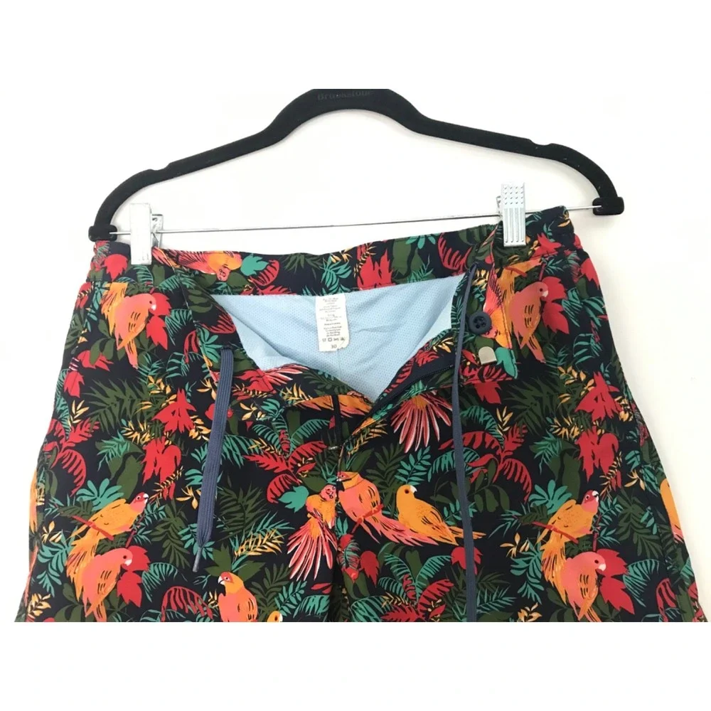 Fair Harbor Swim Shorts Mens Size 30 Black Parrot Tropical Board Trunks Lined